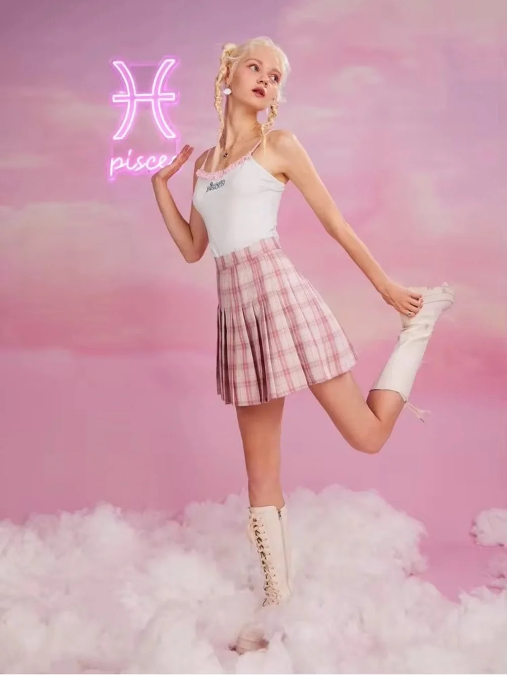 Pleated Pink Plaid Mini Skirt